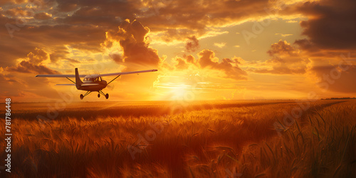 Fototapeta Naklejka Na Ścianę i Meble -  Crop duster plane flying over wheat field, farm airplane in cloudy sky on sunset. Agricultural cropduster machine, old airplane. Agriculture and farming concept