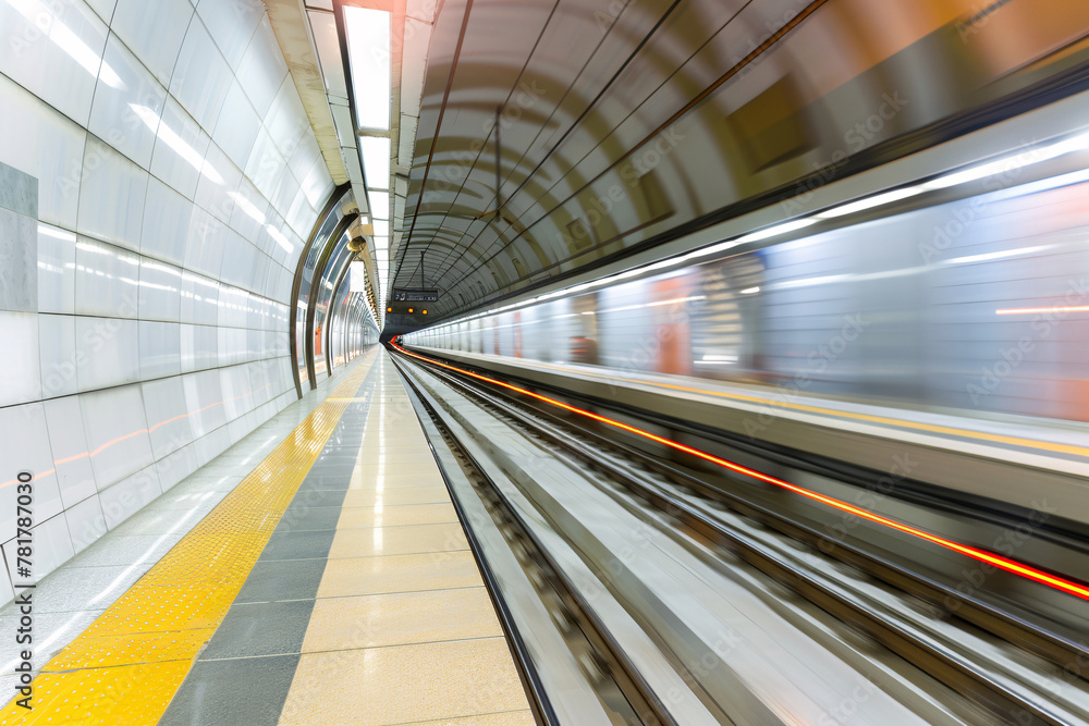 Obraz premium Express train in business center with motion blurred background