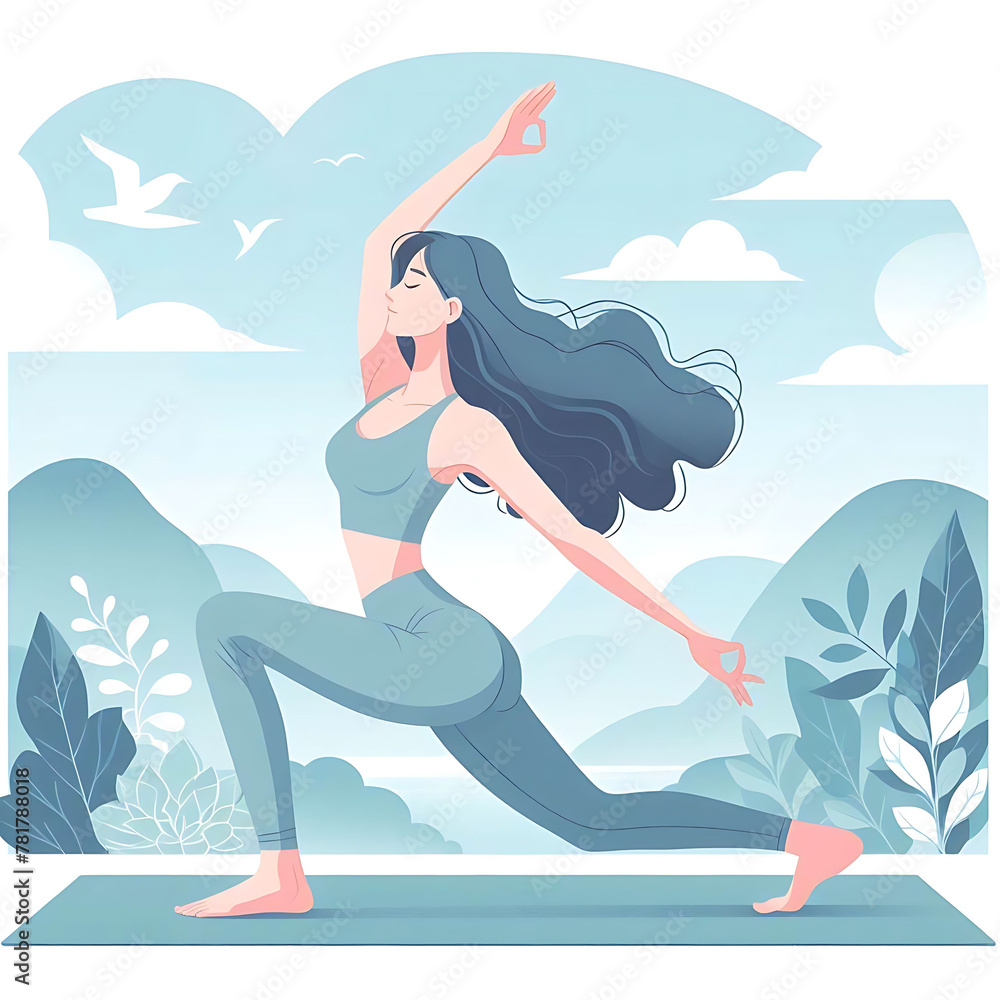 Young woman practices yoga Physical and spiritual practice Vector illustration