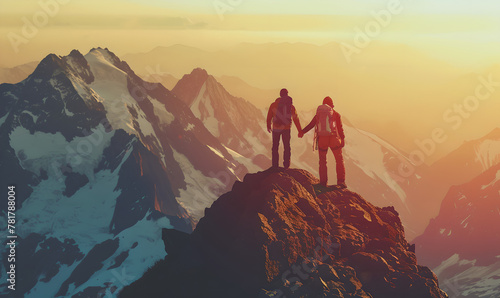 two hikers helping each other climbing a mountain at sunset, People giving a helping hand , active sport concept,demonstrating strength and determination, cocept of supportive friend photo