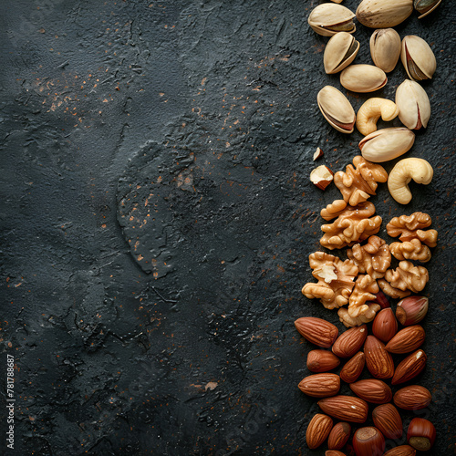 Mix nuts on dark stone table in line top view. Nut background, copy space for text concept photo