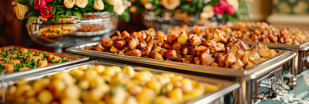 Obraz premium Gourmet Roasted Dish with Vegetables and Potatoes, A Delectable Meal Served in a Stylish Setting, Ideal for a Cozy Dinner
