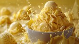 exotic flavor of a summer ice cream in tangy pineapple yellow against a solid background, portrayed in high resolution, its refreshing taste captured with cinematic flair.