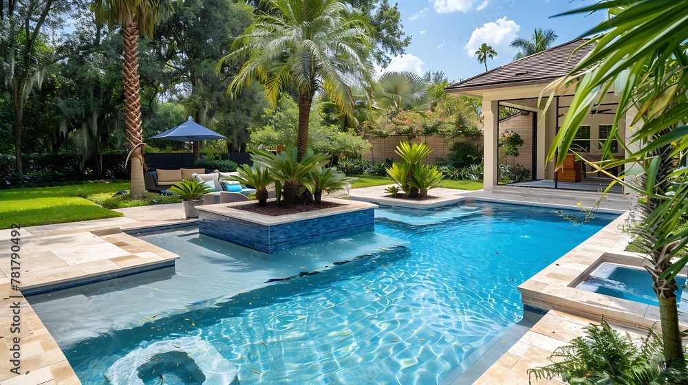 Backyard oasis with a swimming pool inside a backyard