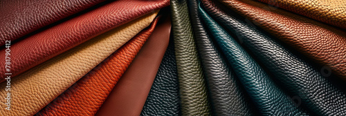 array of colorful leather textures, arranged in an elegant display, generative AI