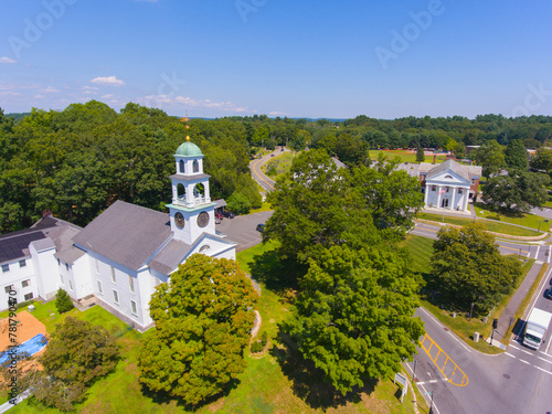 Sudbury historic town center aerial view in summer including First Parish of Sudbury Church, Town Hall at Town Common, town of Sudbury, Massachusetts MA, USA.  photo