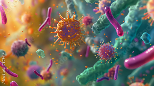 This image showcases a variety of 3D rendered viruses and bacteria in different colors and shapes, illustrating a vibrant microscopic world