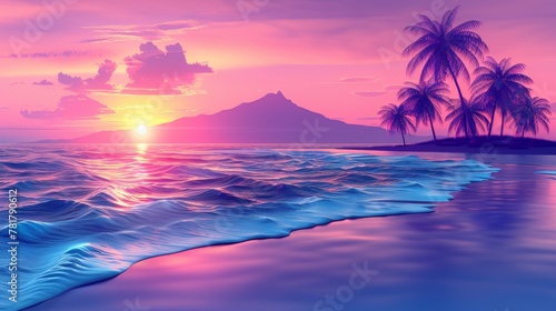 A beautiful sunset over the ocean with palm trees in the foreground.