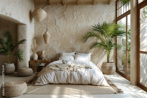 3d rendering of a beige atmospheric relaxed boheme Tulum style summer bedroom with textured plastering on the walls and exotic palm trees photo
