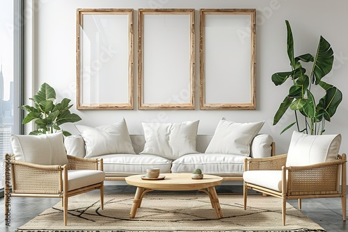 3 wood frame photo mockup of a room with Scandinavia furniture ing photo