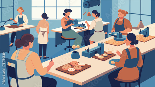 A busy workshop filled with the hum of sewing machines and the smell of freshly baked cookies. Women from the community come together to make