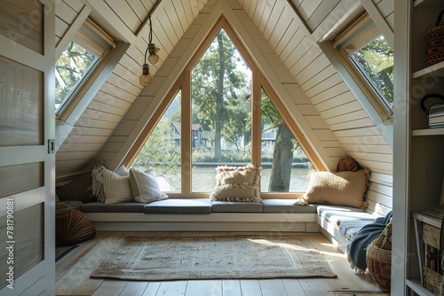A-frame attic sitting area open to sunny summer patio © Azar