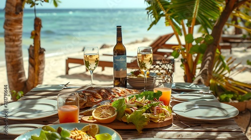 Grilled fish and salad lunch layed out on a beachside table