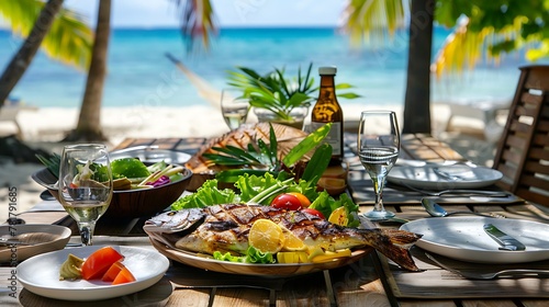 Grilled fish and salad lunch layed out on a beachside table