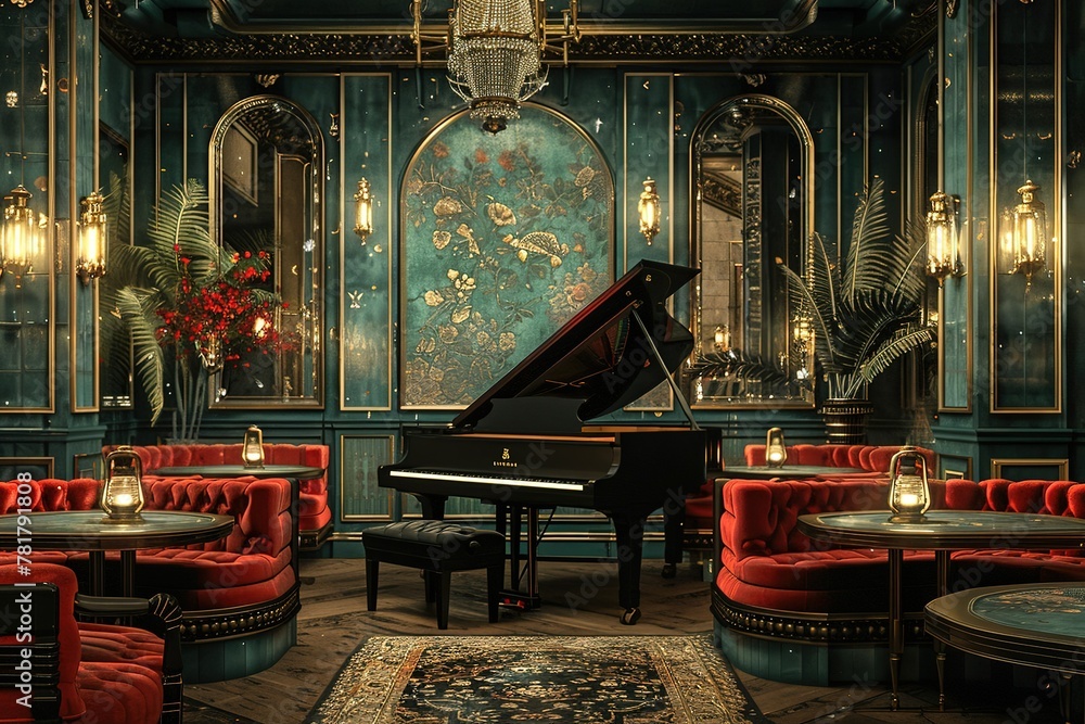 Art Deco Jazz Club with a grand piano, velvet banquettes, brass details, and a jazzy, Art Deco ambiance. Art Deco jazz club home decor. Template