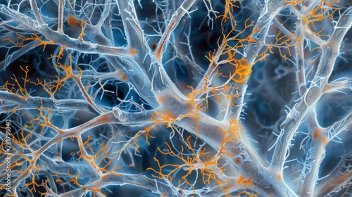 A microscope image of fungal hyphae resembling a dense forest landscape with tall intertwined structures and subtle color variations.