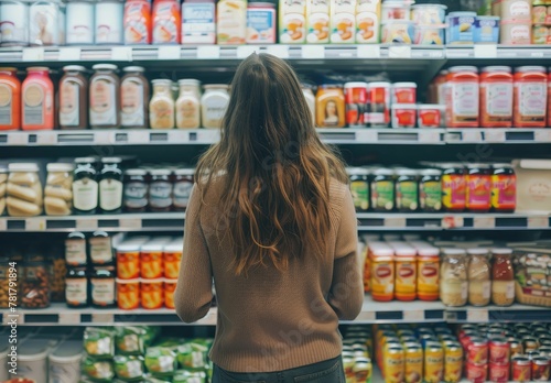 A young woman in a sweater shopping for various jars and bottles in a grocery store aisle.