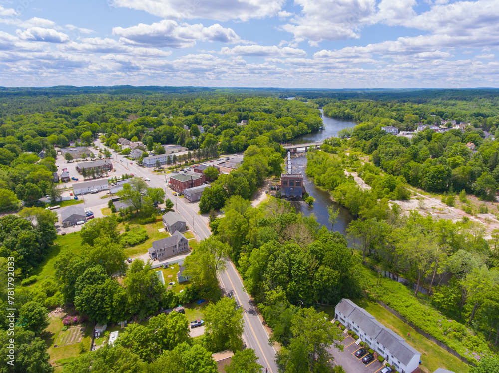 Nashua River and dam on the river at Pepperell historic town center aerial view in summer, town of Pepperell, Massachusetts MA, USA.