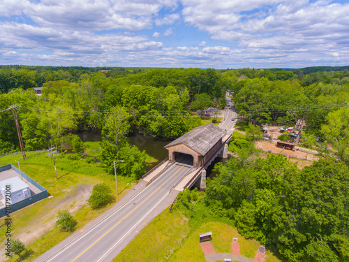 Pepperell Covered Bridge on Nashua River aerial view near Pepperell historic town center in summer, town of Pepperell, Massachusetts MA, USA. photo