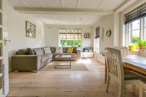 a living room with wood flooring and white walls  there is an open door leading to the dining area