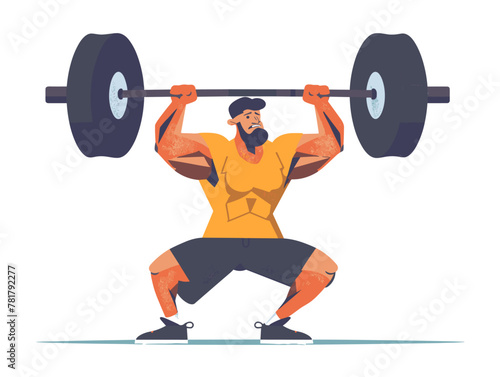 Vector Illustration of a Muscular Weightlifter Exerting Strength to Conquer Overhead Barbell