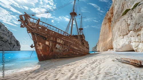 Famous Navagio beach Smugglers Cove with abandoned smuggler ship island photo