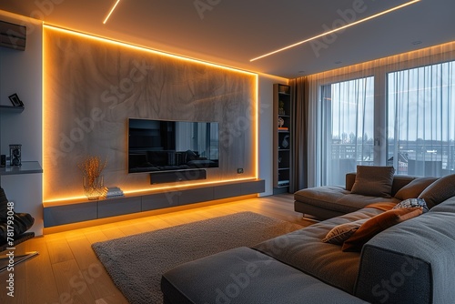 a modern and comfortable living room with a sleek and stylish design. LED strips provide soft and warm lighting that creates a cozy atmosphere.