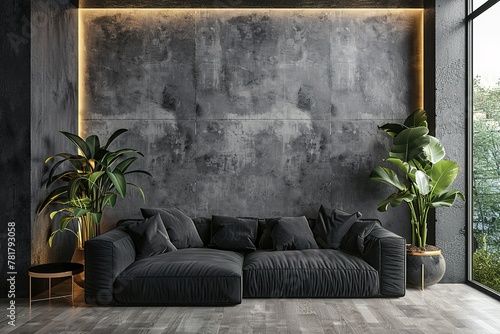 A modern luxury living room with a black sofa, paired with a dark concrete wall that offers a sleek and contemporary vibe © Azar