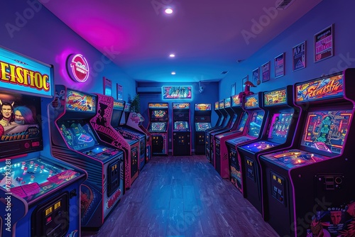 A retro-inspired game room with arcade games, neon lights, and a vintage vibe photo