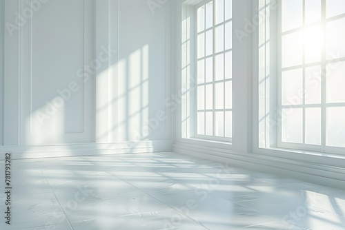 A white Empty room Surreal Minimalistic style morning light copy space