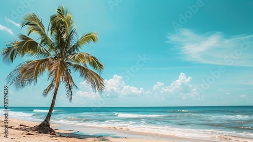 Landscape of coconut palm tree on tropical beach in summer beach sign for surfing and swim © James