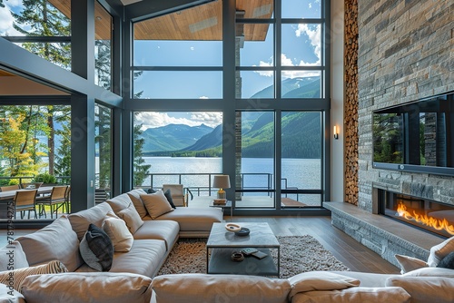 Beautiful Living Room in New Luxury Home with Fireplace and Roaring Fire. Large Bank of Windows Hints at Exterior View