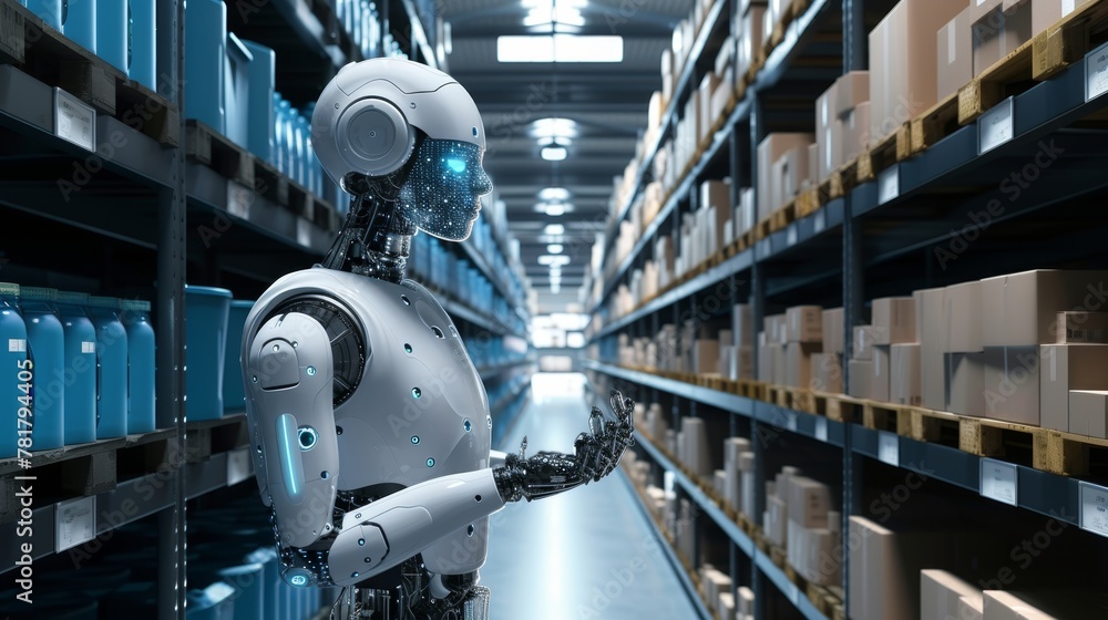 Robots in the warehouse, artificial intelligence, supply chain future, data, tech, abstract illustration