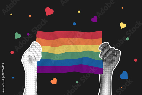 Trendy halftone collage on dark background.Hands holding LGBT emblems, in flag shape. Gender, diversity, unity concept. Vector flat illustration for poster,postcard,banner,sticker.