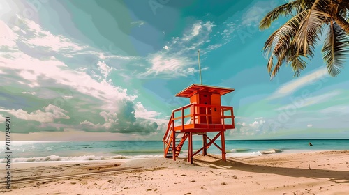 Lifeguard tower on coast tropical beach photo