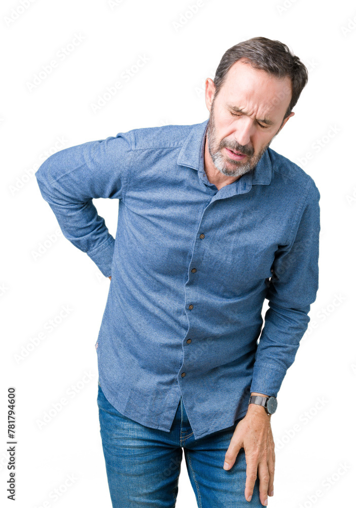 Handsome middle age elegant senior man over isolated background Suffering of backache, touching back with hand, muscular pain Handsome middle age elegant senior man over isolated background Suffering of backache, touching back with hand, muscular pain