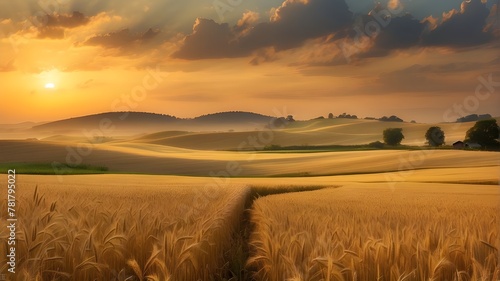 Grain fields at sunset are like nature s artwork  blending the golden hues of the setting sun with the lush greenery of the crops. The warm  soft light illuminates the swaying stalks  creating a peace