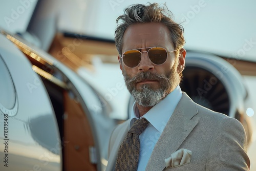 Businessman exiting a private jet. The wind calls his hair and clothes. As the wind caresses his impeccable suit, the businessman confidently strides off the private jet, ready to conquer the world.