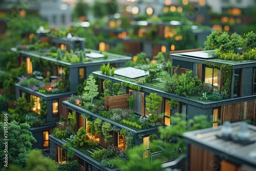 Eco-friendly urban district with green rooftops. The urban landscape undergoes a transformation, as green rooftops breathe life into the concrete jungle.