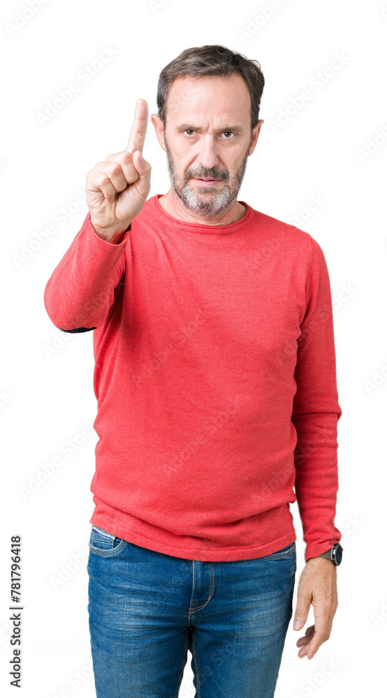 Handsome middle age hoary senior man wearing winter sweater over isolated background Pointing with finger up and angry expression Handsome middle age hoary senior man wearing winter sweater over isolated background Pointing with finger up and angry expression