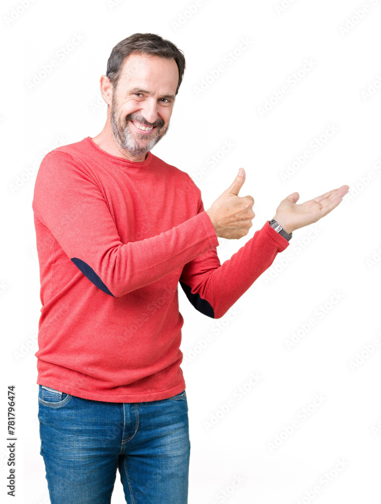 Handsome middle age hoary senior man wearing winter sweater over isolated background Showing palm hand and doing ok gesture with thumbs up, smiling happy and cheerful Handsome middle age hoary senior man wearing winter sweater over isolated background Showing palm hand and doing ok gesture with thumbs up, smiling happy and cheerful