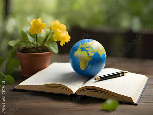 books and globe. globe, earth, world, planet, map, global, book, education, 3d, sphere, geography, concept, continent,Ai generated  © Quranmeri