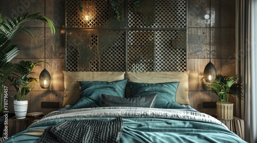 The bedrooms headboard is made from a large metal grating panel creating a striking focal point while adding a sense of weight and texture to the otherwise serene and airy room. . photo