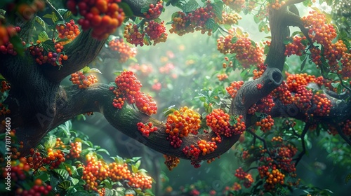A lush and towering tree bursting with ripe fruits and colorful blossoms, symbolizing wisdom and enlightenment ,close-up,ultra HD,digital photography
