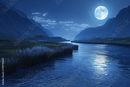 A river meandering through the valley, reflecting the moonlight on its calm surface ,3DCG,high resulution,clean sharp focus