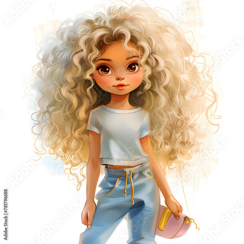 The curly blondehaired cartoon girl holds a pink purse photo
