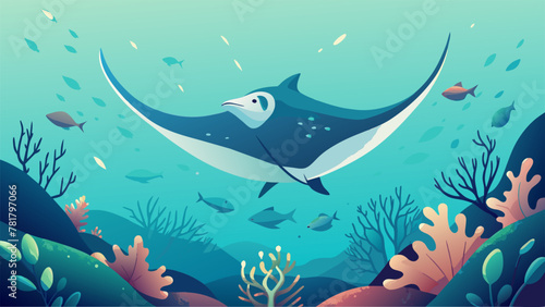 A magnificent manta ray gracefully swimming through a coral reef surrounded by a variety of sea creatures all coming together to protect their
