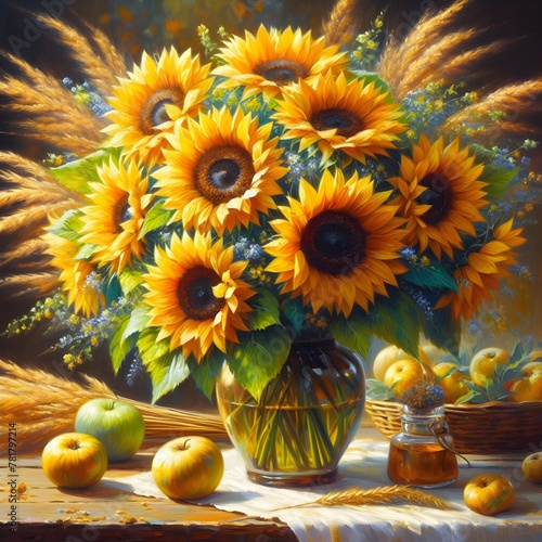 Still life with sunflowers and fruits. Generative ai