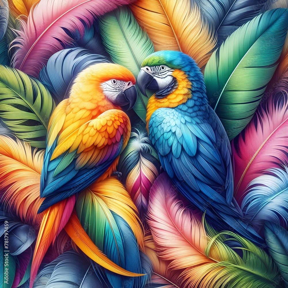 Fototapeta premium Colorful parrot feathers. Generative ai