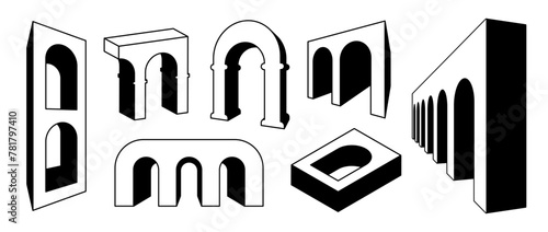 Set of linear arches in perspective. Outline surreal geometric element collection. Bold 3d arc doors, arcs, gates bundle. Trippy shapes bundle for collage, poster, banner, sticker. Vector art pack